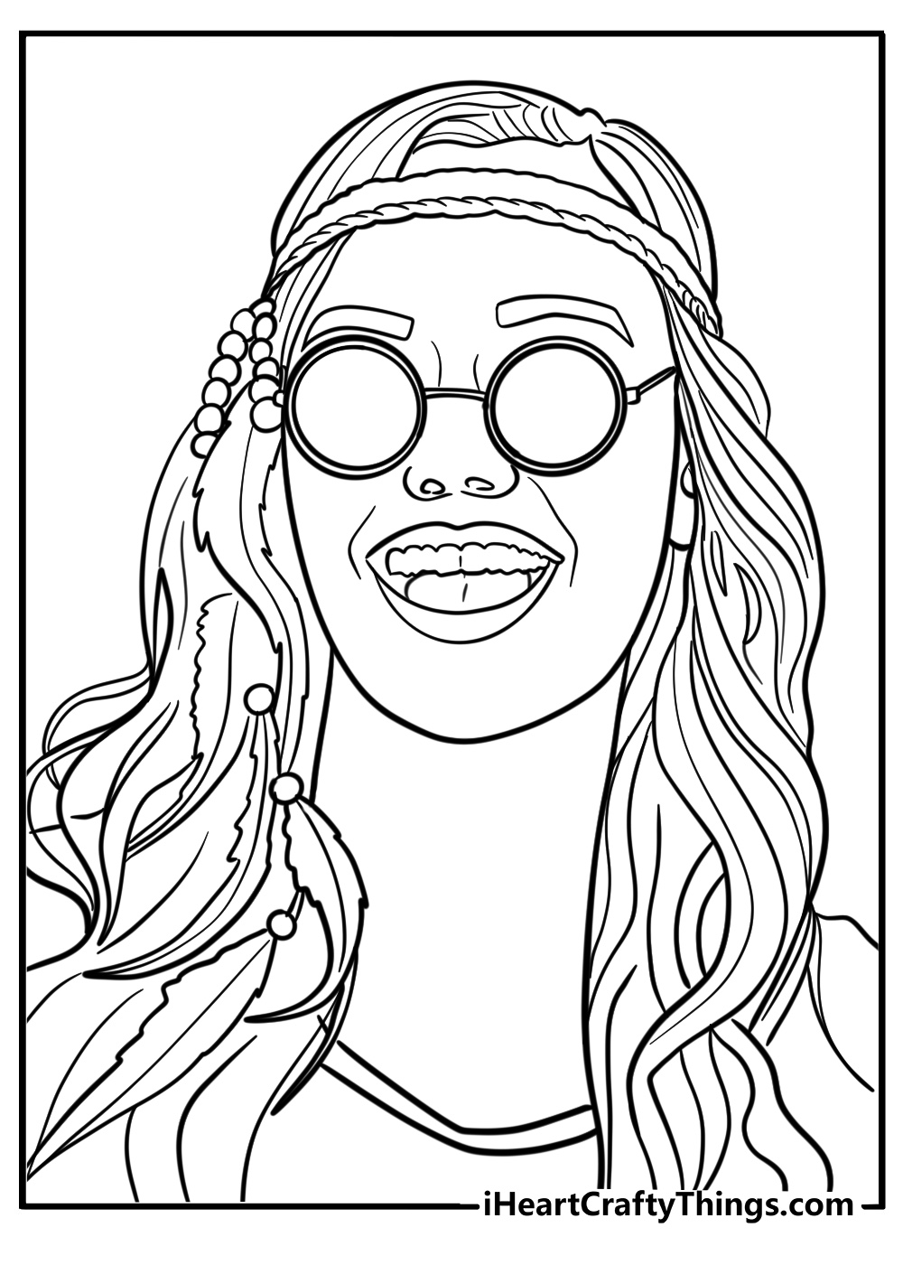 Hippie with round sunglasses detailed coloring sheet