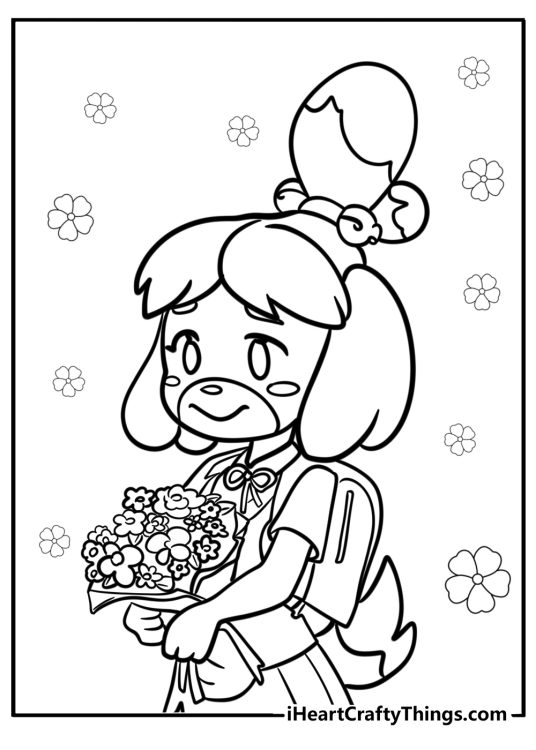 Isabelle holding a bouquet of flowers fun coloring sheet