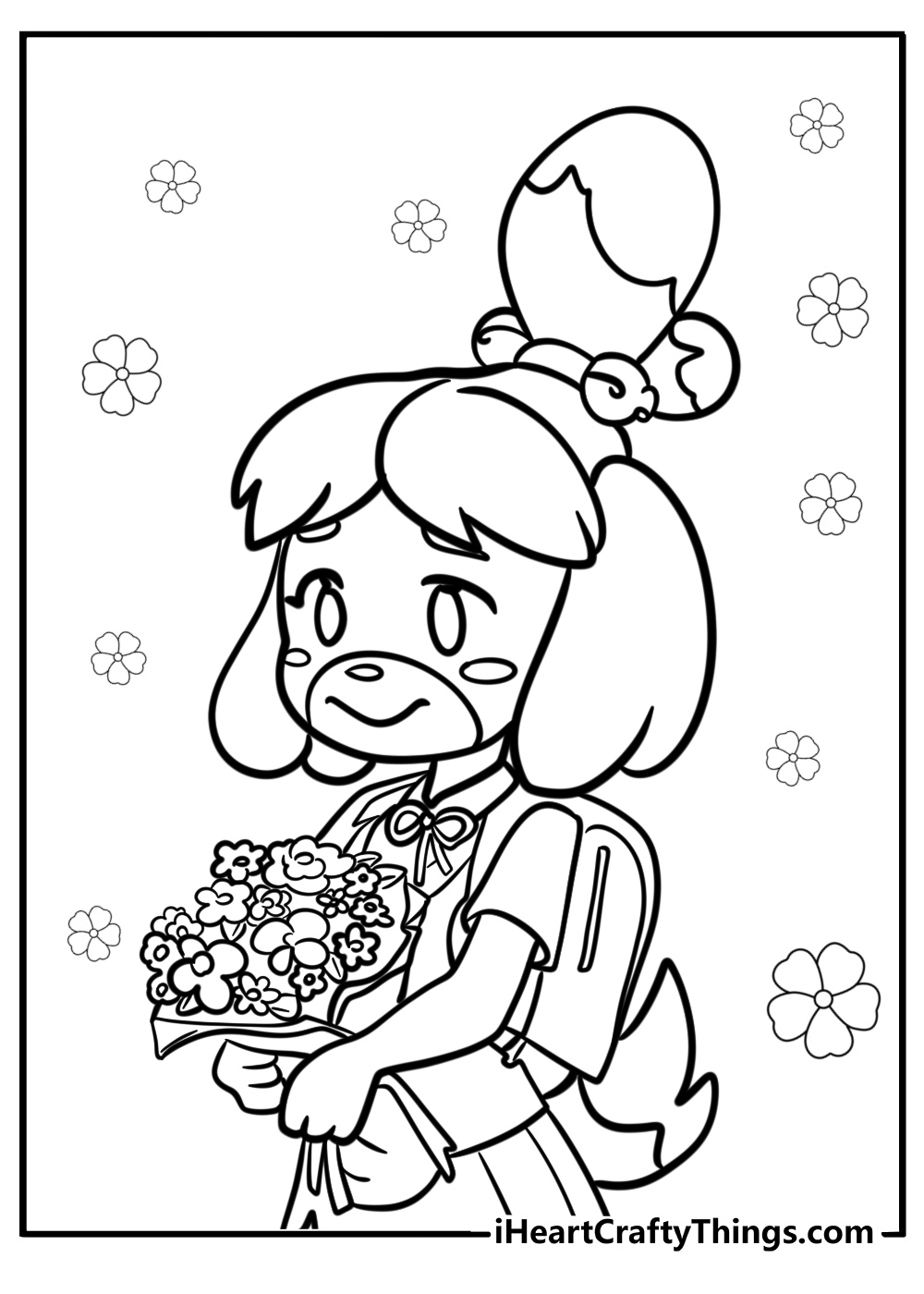 Isabelle holding a bouquet of flowers fun coloring sheet