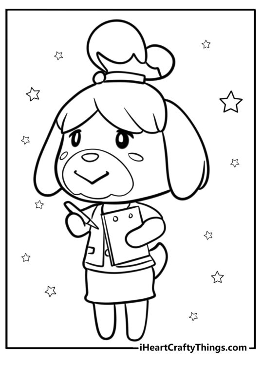 Isabelle holding a clipboard coloring page