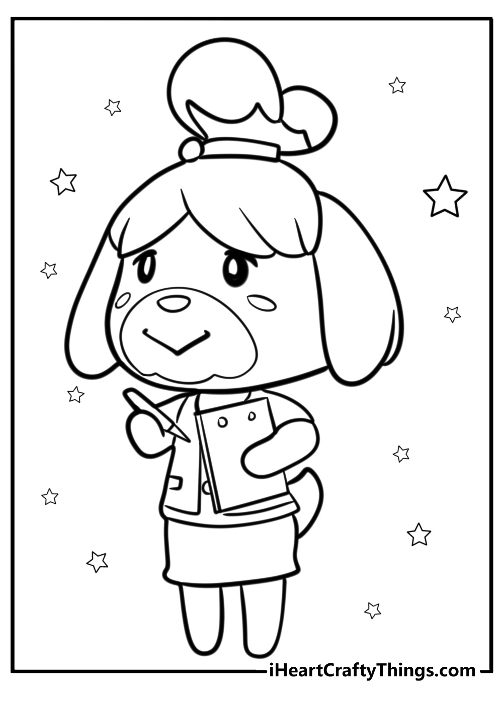 Isabelle holding a clipboard coloring page