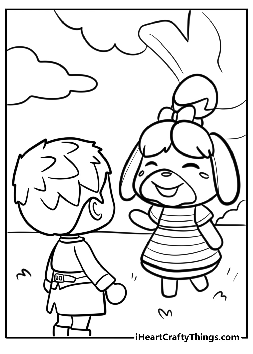 Isabelle waving to the villagers coloring page for kids