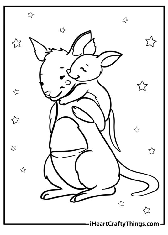 Coloring sheet presenting kangaroo carrying its baby on the back with stars all around