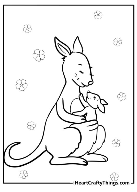 Image of a cute kangaroo and its joey looking at each other with flowers in the background