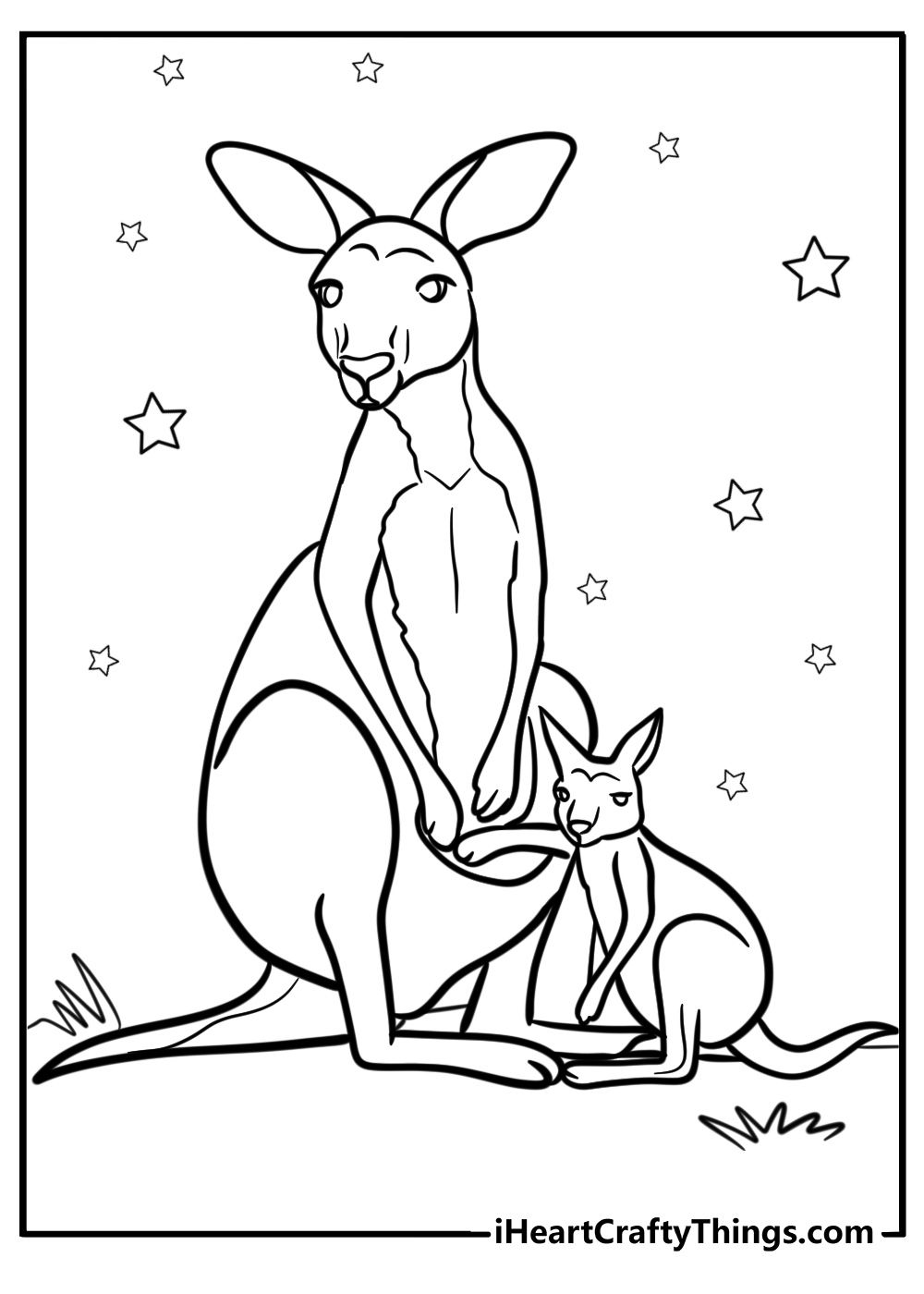 Kangaroo and joey standing together detailed coloring sheet