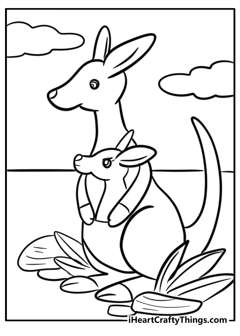 Kangaroo and joey together free coloring page pdf