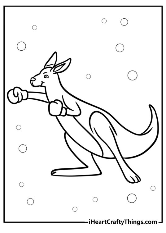 Free printable coloring sheet depicting cartoony kangaroo in a funny boxing pose