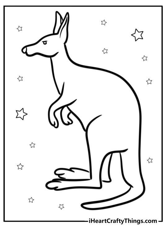 Picture featuring a side view of a kangaroo drawn in a simple style with stars all around