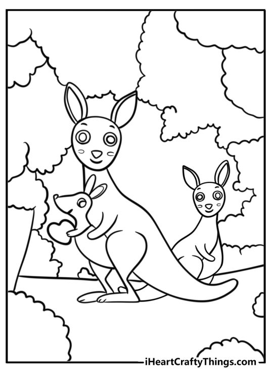 Printable coloring image presenting kangaroo family of three surrounded by bushes