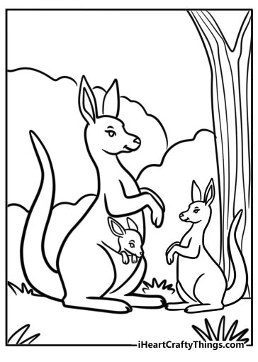 Kangaroo family in the wild free printable coloring page