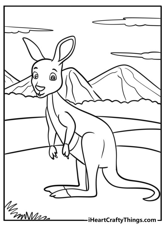 Drawing featuring kangaroo standing on its two legs with mountains in the background