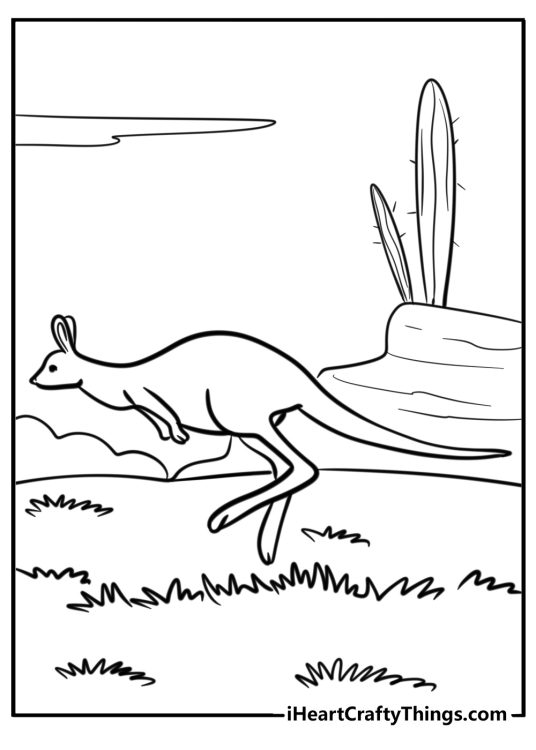 Picture to print and color featuring kangaroo hopping across the field at high speed