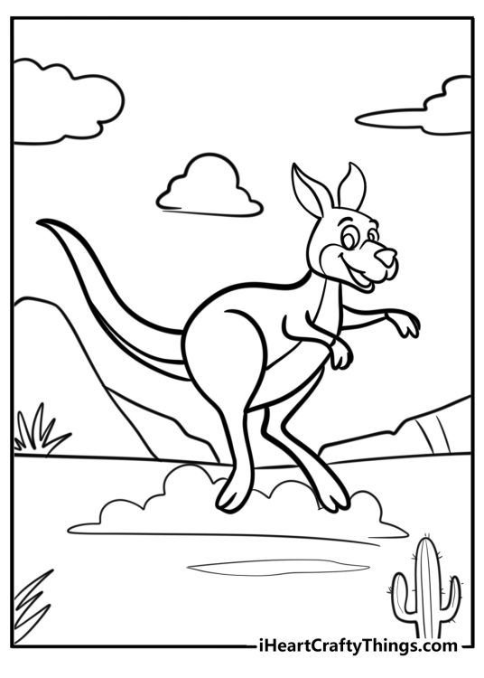 Black-and-white drawing for kids of a cartoony kangaroo hopping through the desert