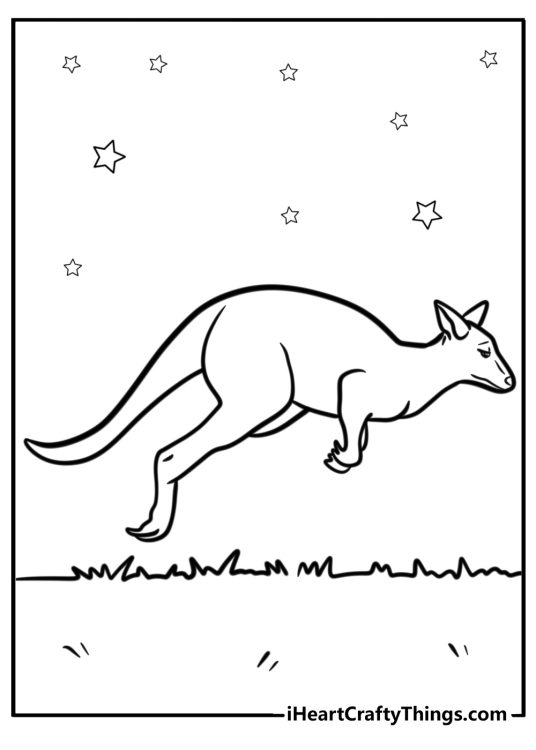 Printable picture of a kangaroo hopping through the outbackm with stars shining in the sky