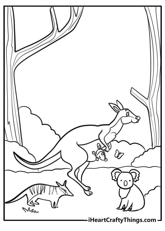 Kangaroo-themed coloring page featuring kangaroo in the wild with other Australian wildlife animals