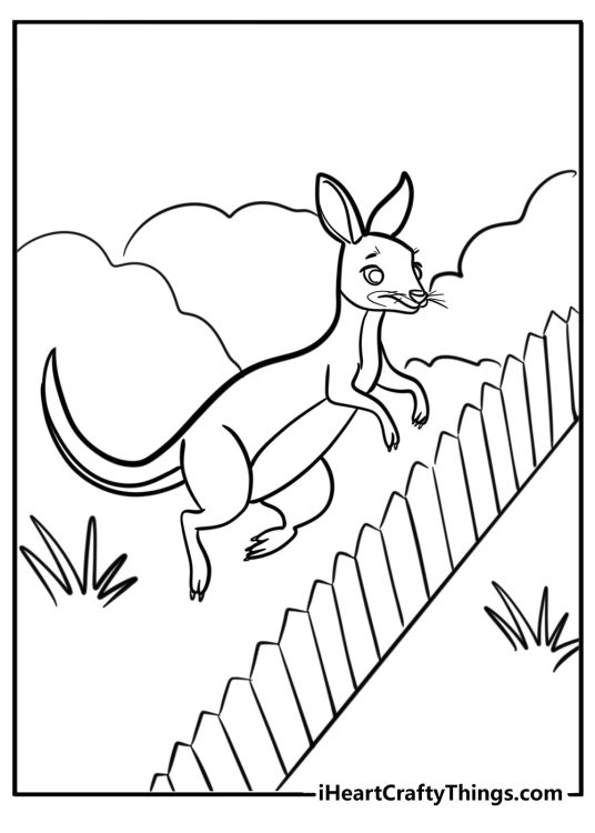 Picture for pre-schoolers featuring little cartoony kangaroo jumping over a fence