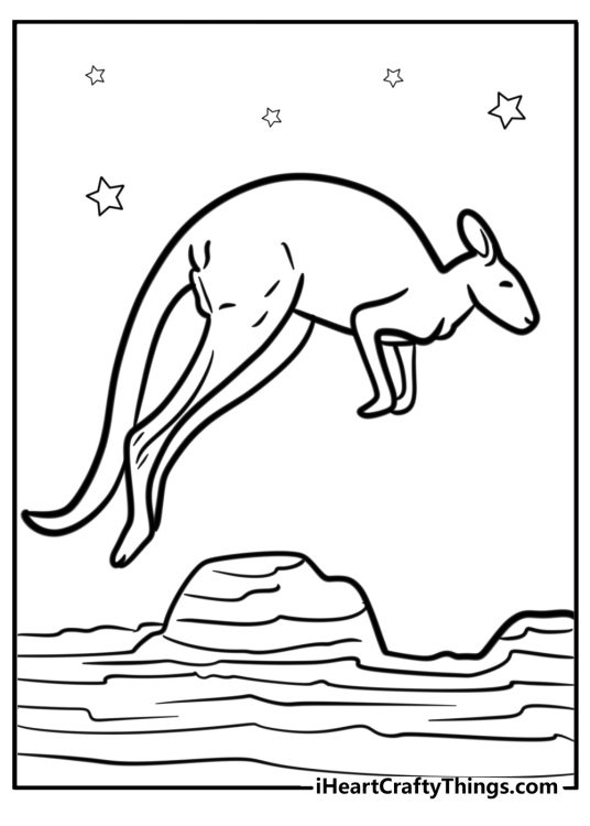 Free printable coloring sheet for kids featuring kangaroo jumping over some rocks