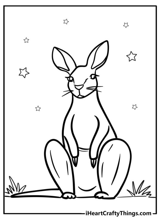 Free printable for children depicting cute kangaroo resting on the ground with stars all around