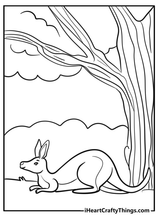 Detailed printable coloring picturefor kids featuring kangaroo resting under big tree
