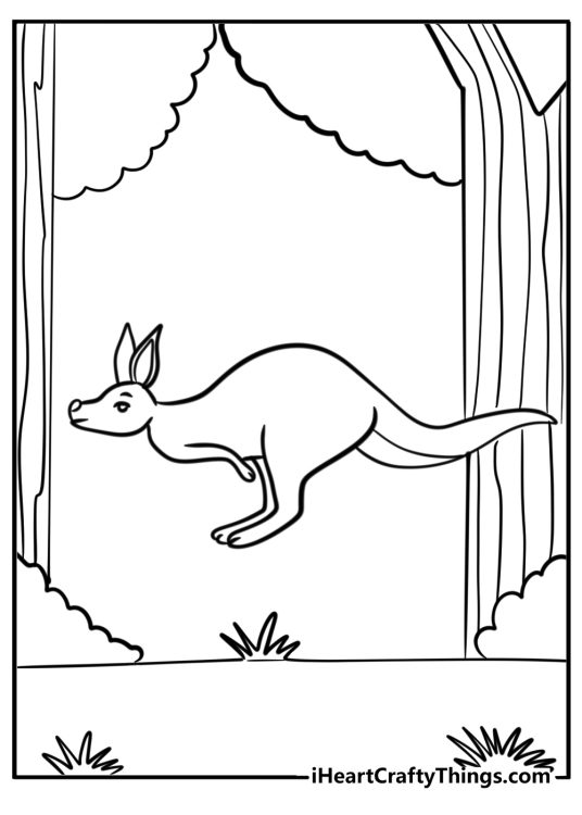 Printable drawing featuring kangaroo running through the grass with trees in the background