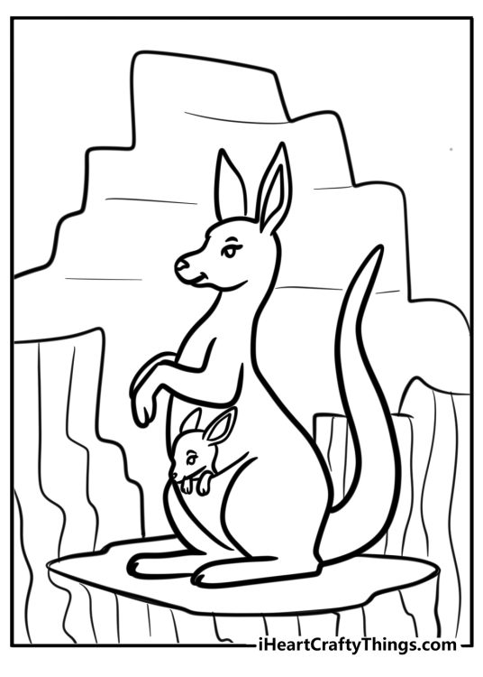 Coloring image of a kangaroo with a baby in the pouch and some rocks in the background
