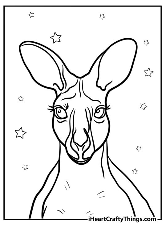 Detailed printable coloring portrayal of a kangaroo with stars in the background