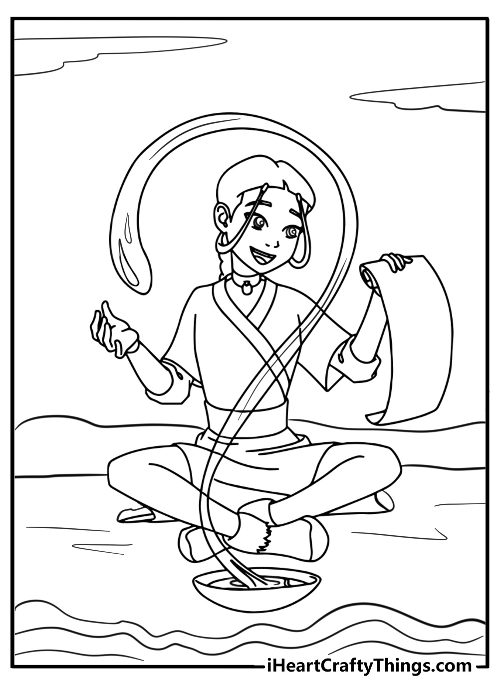 Katara practicing waterbending free coloring page pdf