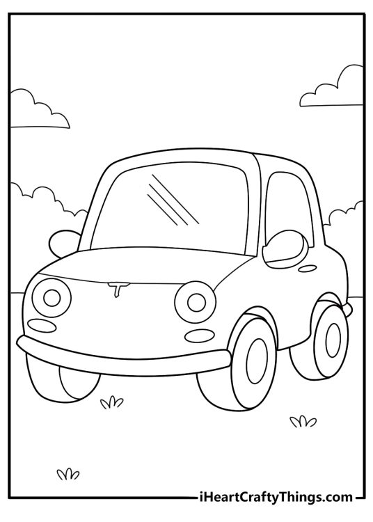 kawaii Tesla car with big headlights fun coloring sheet for kids