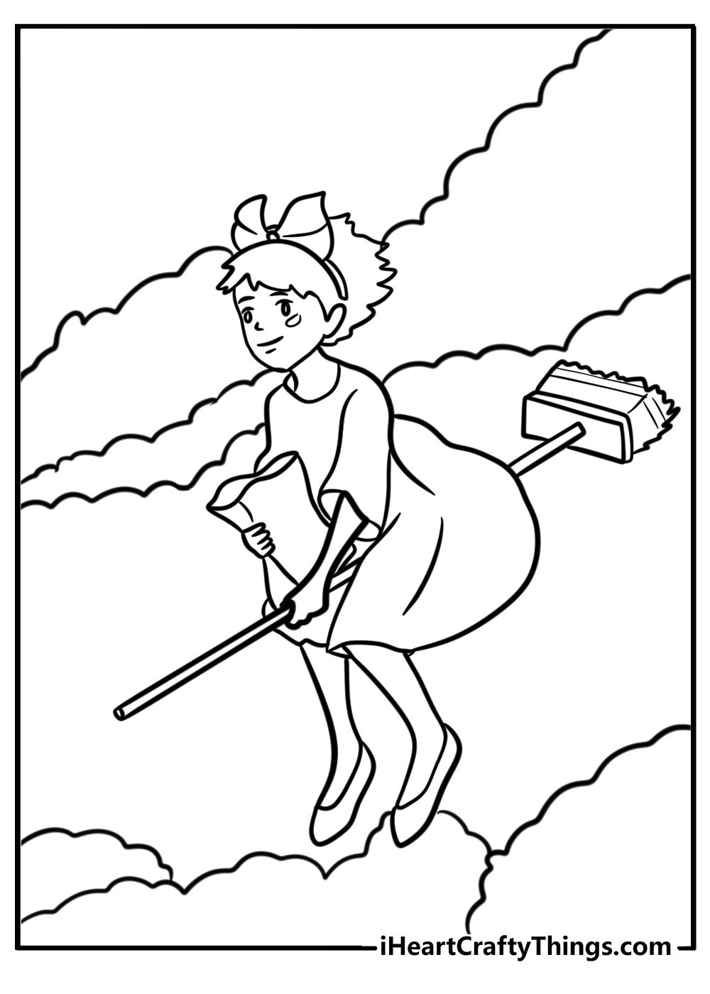 Kiki delivering a package on her broom printable coloring page