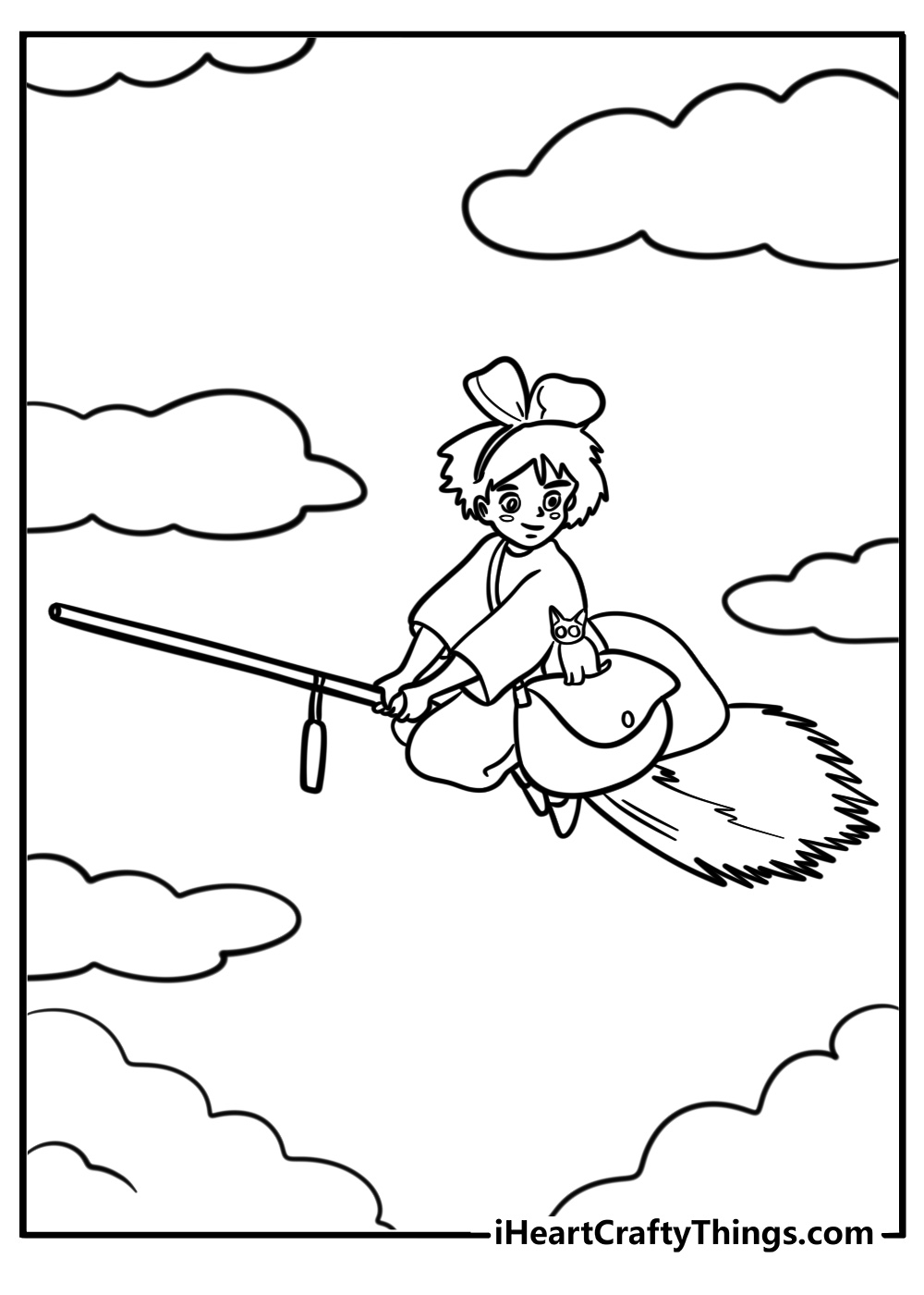 Kiki flying on her broomstick free coloring page pdf