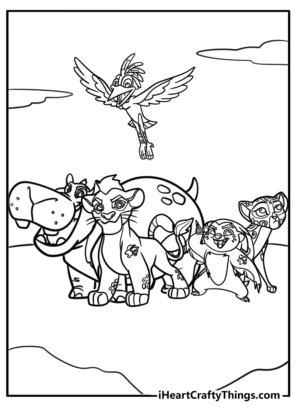 Kion and his friends in the pride lands detailed coloring sheet