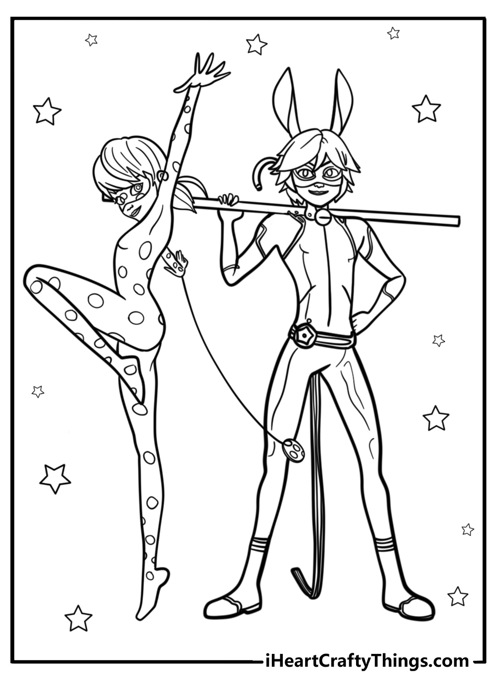 Ladybug and cat noir facing a villain printable coloring page