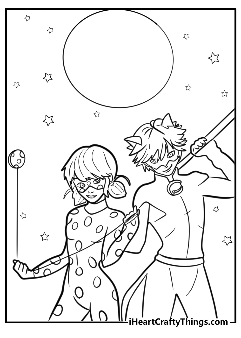 Ladybug and cat noir in the night sky free coloring page