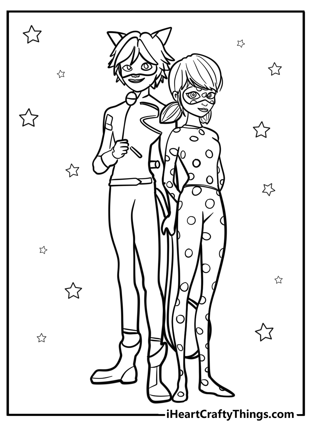 Ladybug and cat noir standing side by side coloring sheet