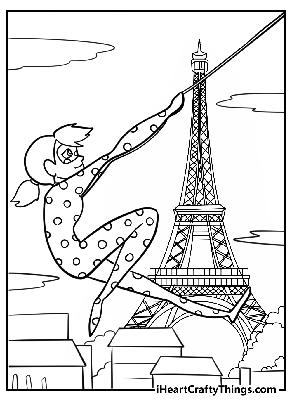 Ladybug swinging through paris coloring sheet