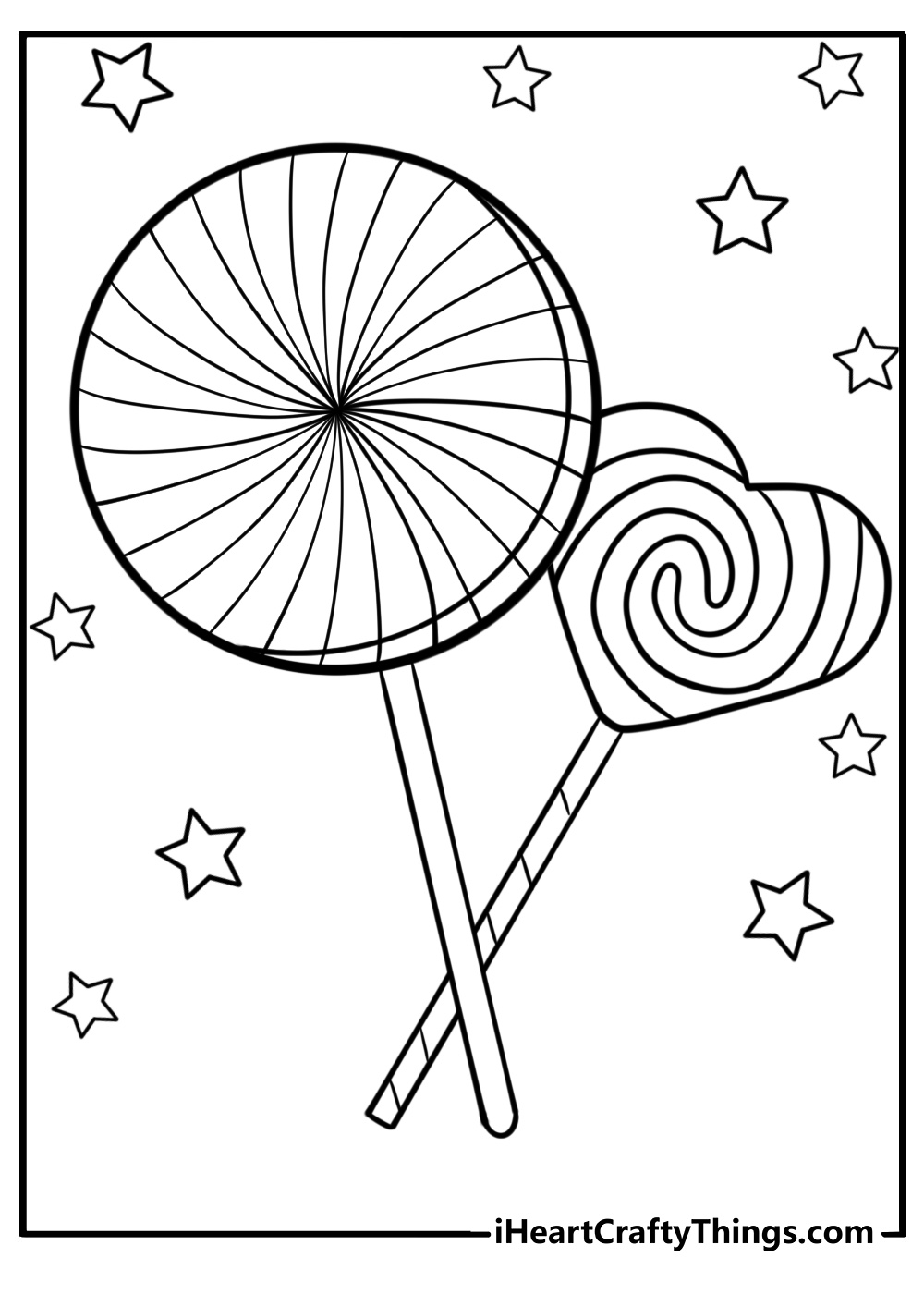 Lollipop surrounded by stars free printable coloring page