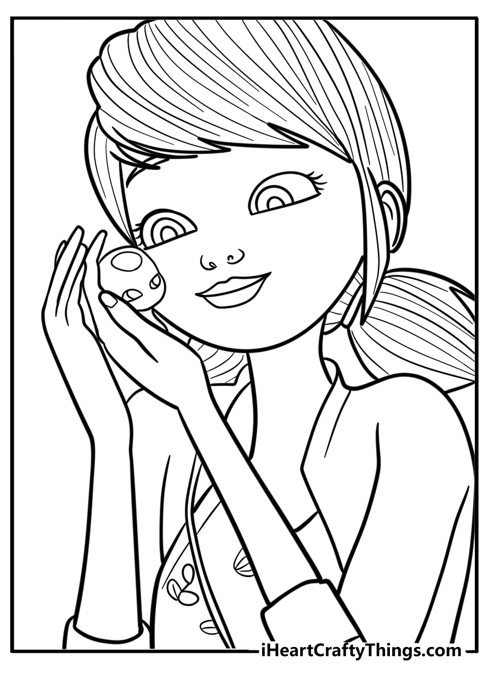 Marinette holding tikki coloring page for kids