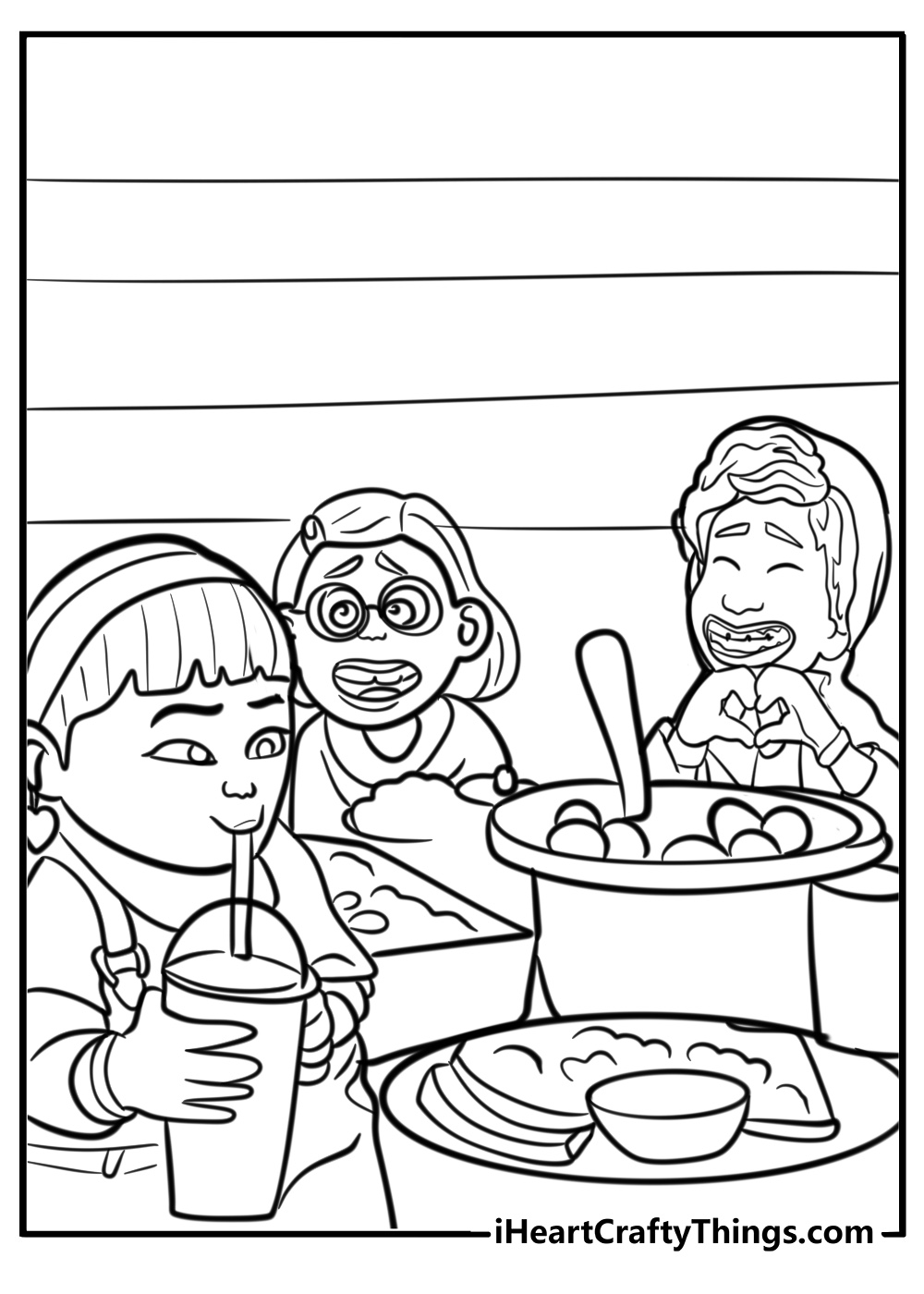 Mei and her friends having snacks fun coloring sheet