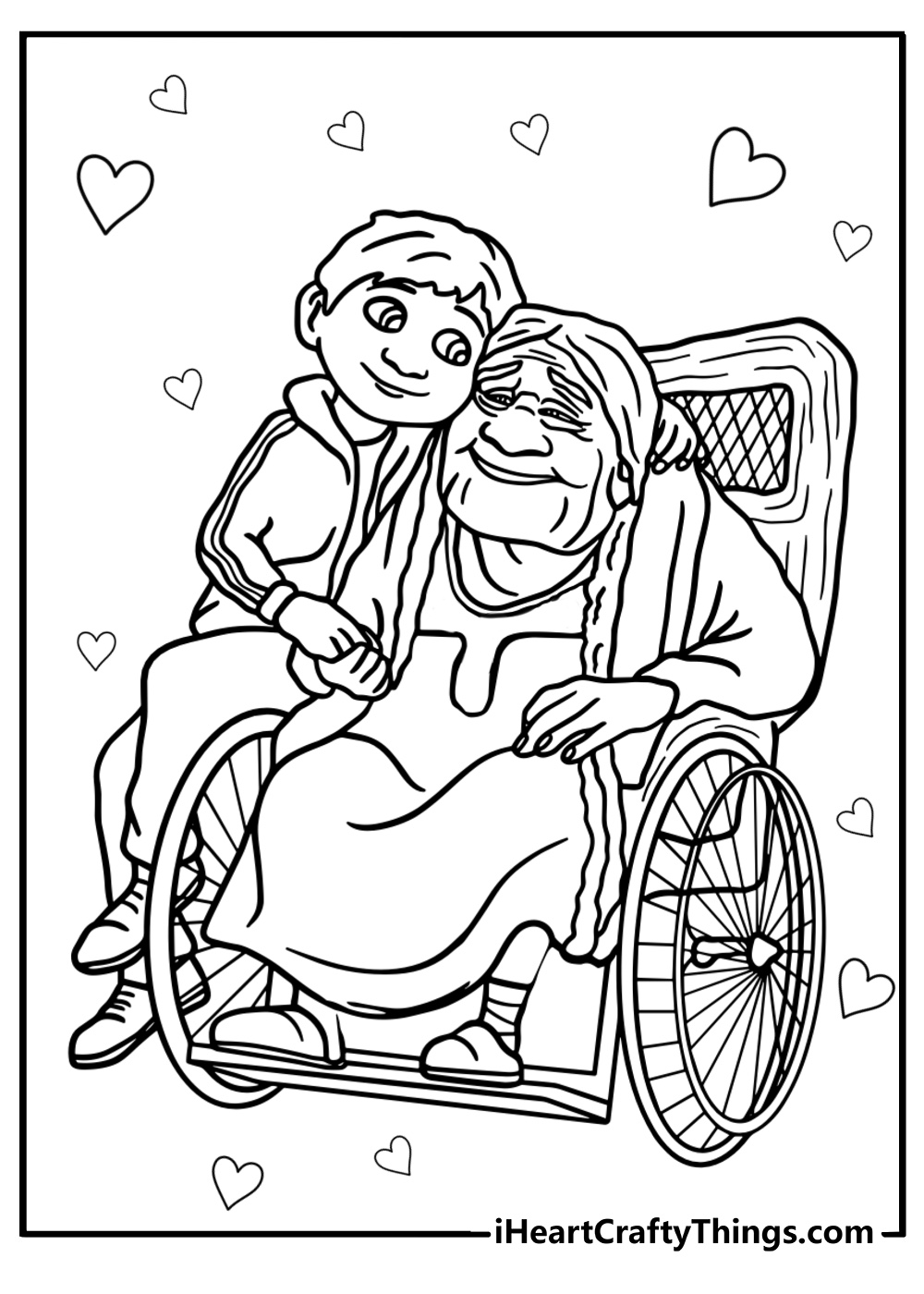 Miguel and mama coco sharing a moment printable coloring page