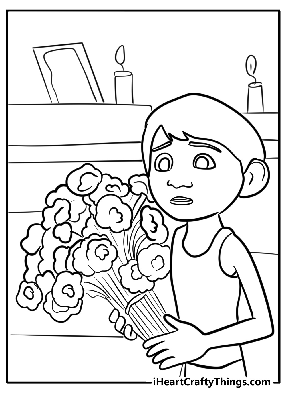 Miguel celebrating día de los muertos free printable coloring page