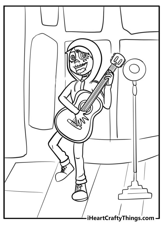 Miguel performing on stage free coco coloring page pdf