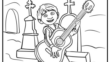 Miguel playing guitar in the cemetery detailed coloring sheet