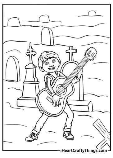 Miguel playing guitar in the cemetery detailed coloring sheet