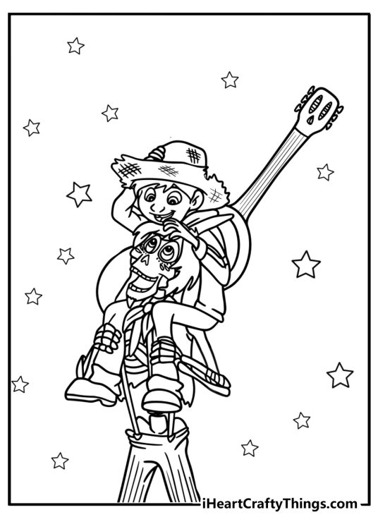 Miguel with his guitar in the land of the dead free coloring page pdf