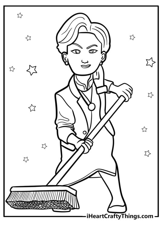 Ming lee holding a broom detailed turning red coloring sheet