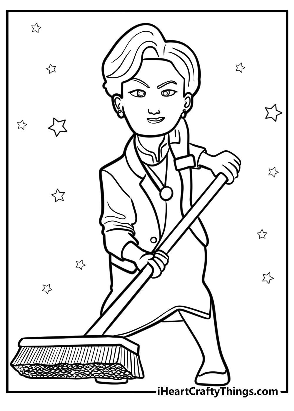 Ming lee holding a broom detailed turning red coloring sheet