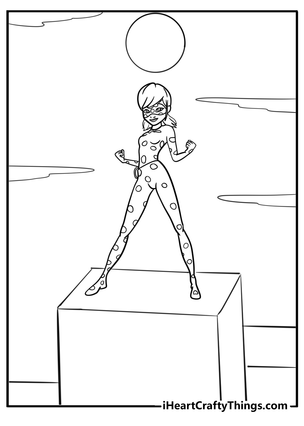 Miraculous ladybug standing on a rooftop fun coloring sheet