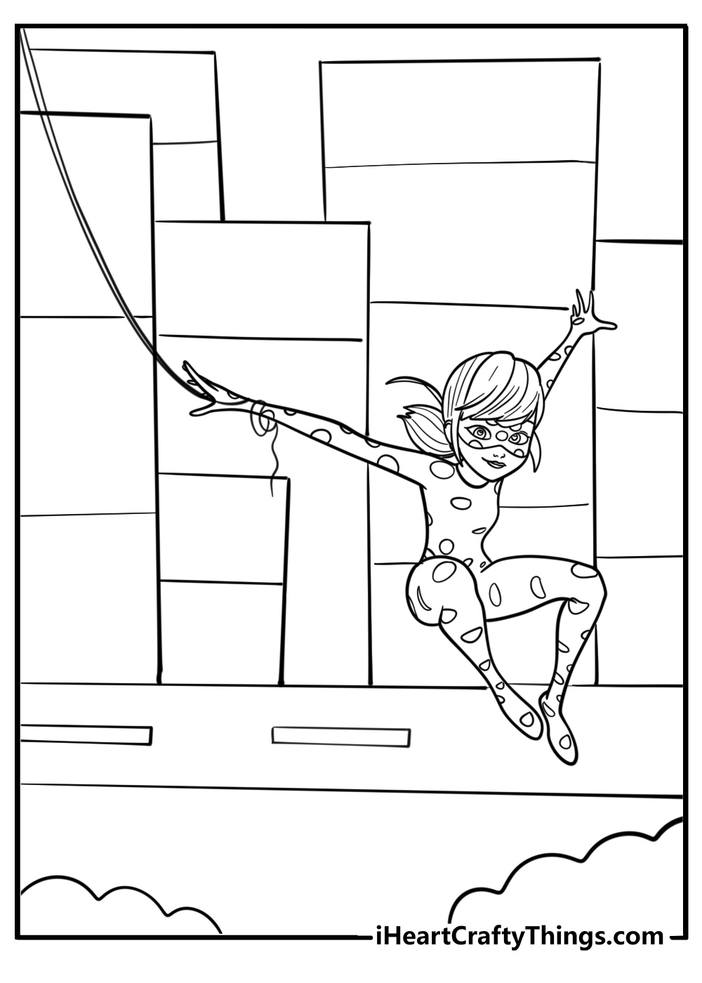 Miraculous ladybug swinging across the city printable coloring pages