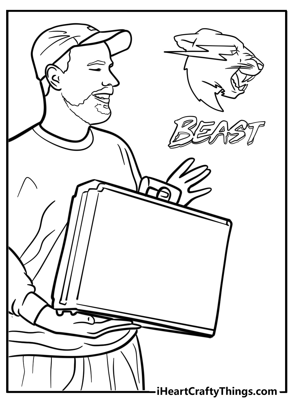 MrBeast holding a briefcase full of money fun coloring sheet