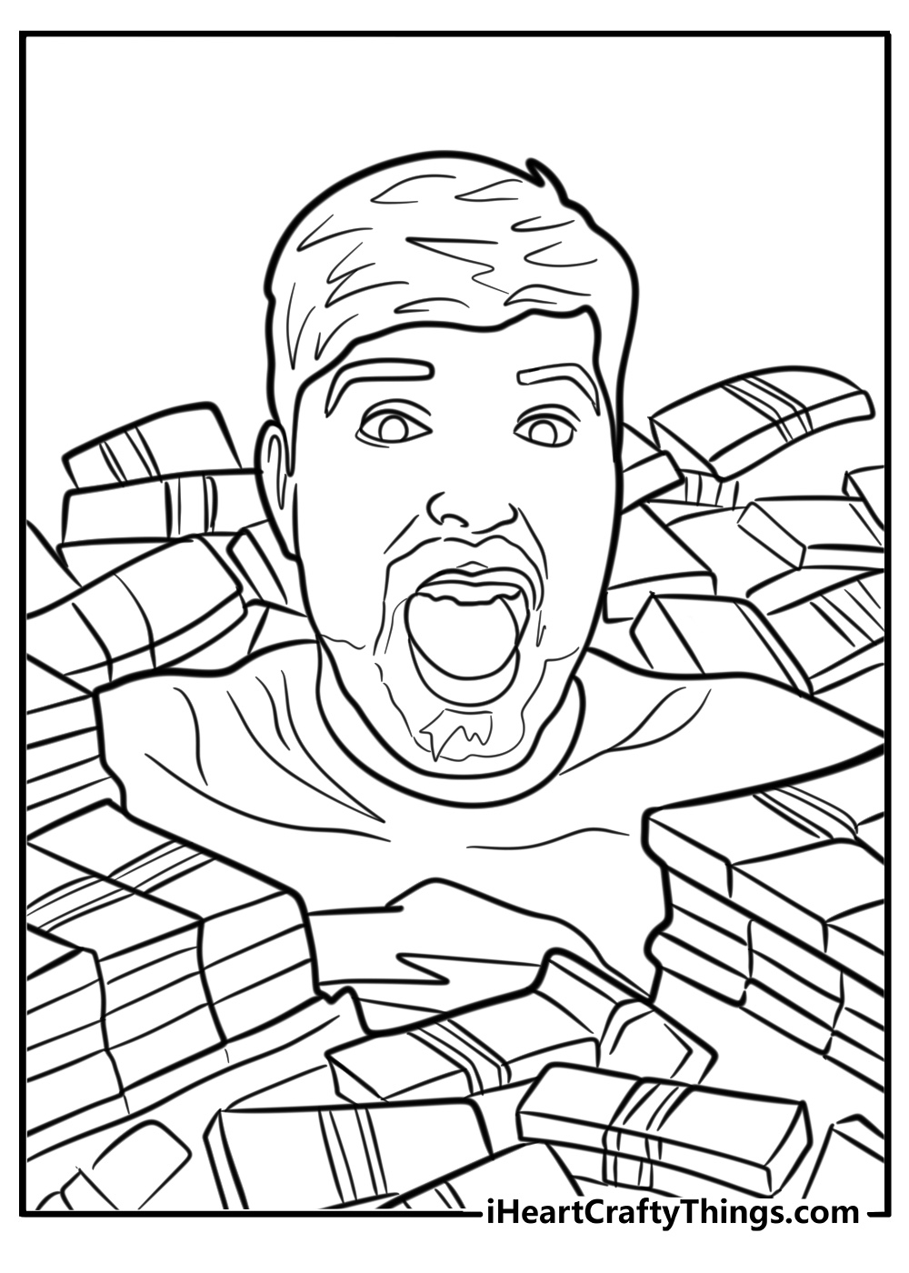 MrBeast surrounded by stacks of cash coloring page for kids